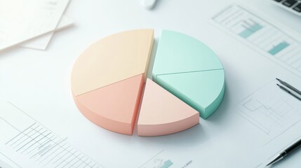 Leinwandbilder - A minimalist financial pie chart with pastel-colored slices, displaying income distribution, with financial icons and subtle shadows on a light background.