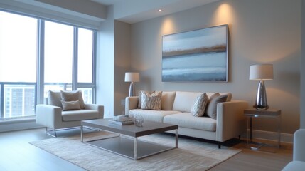 Poster - A minimalist living room design featuring a neutral color palette, sleek furniture, and a striking piece of artwork on the wall, creating a serene and stylish space.