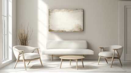 Poster - A minimalist living room design featuring a neutral color palette, sleek furniture, and a striking piece of artwork on the wall, creating a serene and stylish space.