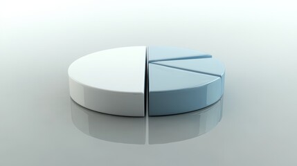 Wall Mural - A minimalist pie chart with white and blue sections, slightly separated on a reflective gray background, giving a clean, elegant appearance