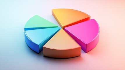 Fototapete - A modern pie chart with colorful slices set on a light gradient background, with slight D effects and reflections for a polished financial aesthetic