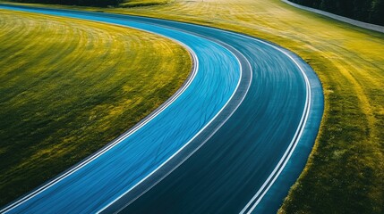 Canvas Print - A shot of a modern track with bright blue lanes, bordered by a well-maintained green field.