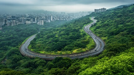 Poster - A panoramic image of a multi-lane expressway winding through lush green hills, showcasing the contrast between natural beauty and infrastructure in urban planning.