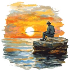 Wall Mural - Solitary Fisherman at Sunset A Serene Watercolor Painting.