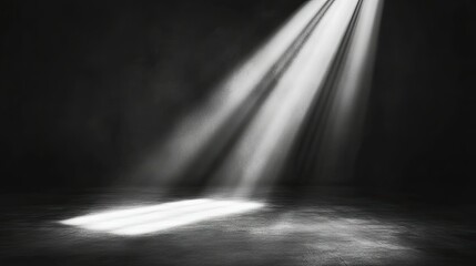 Wall Mural - A single powerful spotlight beams down in a dark empty room, creating dramatic contrast and shadows.
