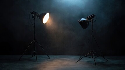 Canvas Print - A sleek modern photoshoot setup with a single bright spotlight against a pitch-black backdrop.