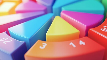 Aufkleber - A rotating D pie chart with colorful, layered sections representing data, with numbers and labels floating beside each slice for clarity.
