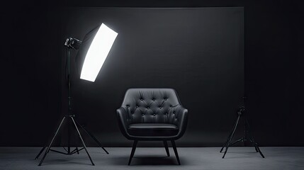 Canvas Print - A sleek modern photoshoot setup with a single bright spotlight against a pitch-black backdrop.