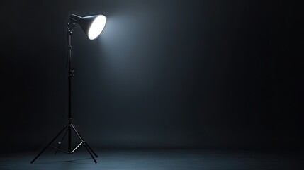 Canvas Print - A sleek modern photoshoot setup with a single bright spotlight against a pitch-black backdrop.