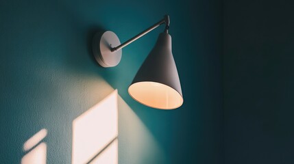 Canvas Print - A small, modern reading lamp casting light onto a dark bedroom wall.