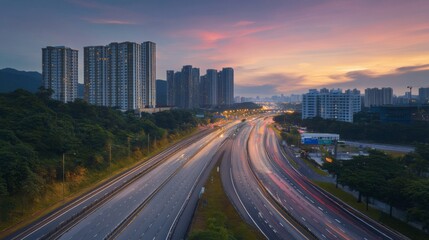 Fototapete - A scenic view of an expressway at dusk, with the last rays of sunlight illuminating the road and distant buildings, creating a peaceful yet vibrant atmosphere for evening travelers.
