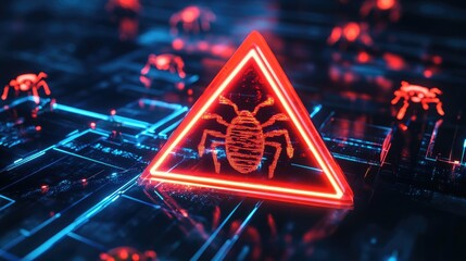 Wall Mural - a stylized caution triangle with a bug icon, representing a software security risk.