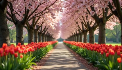 Wall Mural - A picturesque pathway lined with blooming cherry blossom trees and vibrant red tulips, creating a serene and colorful scene under mild weather conditions