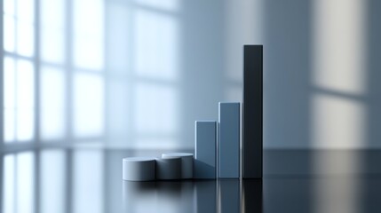 Fototapete - A sleek, minimal D bar graph with gray and blue bars, set against a clean white background with reflective surfaces and soft depth
