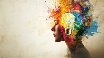 Poster - Creative representation of ideas with colorful paint and light bulb