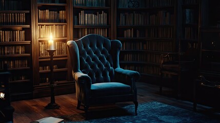 Wall Mural - A velvet armchair sits in a darkened library, faint candlelight flickering nearby.