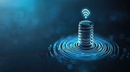 Fototapete - Modern Wireless Communication Concept with Signal Waves and Metal Object