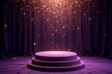 A purple podium is dramatically lit with golden sparkles, suggesting celebration or an exclusive event