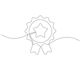 Fototapete - Winning badge in one continuous line drawing. Symbol of a winner. Award winning ribbon in simple linear style. Editable stroke. Doodle line illustration