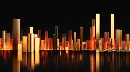 Aufkleber - A stylish bar chart with metallic gold bars on a black reflective surface, showcasing the strength and value of gold in financial markets