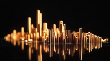 Poster - A stylish bar chart with metallic gold bars on a black reflective surface, showcasing the strength and value of gold in financial markets