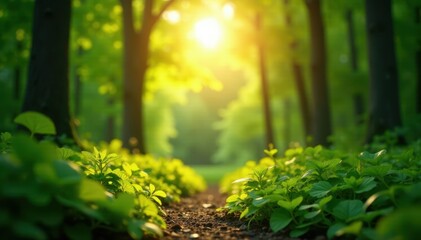 Wall Mural - Sunlit forest, blurred background, vibrant greens, depth of field, trees