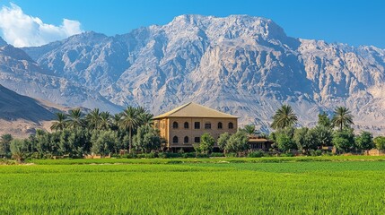 Wall Mural - Mountainous oasis house, green fields, sunny day, travel poster