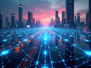 Wall Mural - exploring the intersection of blockchain technology and cybersecurity in an urban landscape at dusk