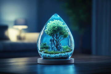 Wall Mural - miniature aquarium featuring lush tree and rocks, illuminated softly, creates serene atmosphere