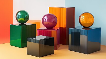 Wall Mural - Boldly colored spheres resting on minimalist cubes and cylinders with high-gloss surfaces.