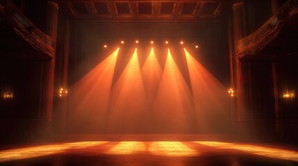 Wall Mural - Bright stage lights shining into an empty theater, their beams casting dramatic silhouettes.