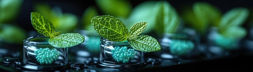 Wall Mural - Group of fresh green leaves arranged in a clear glass vase on a white background