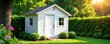 © sawaratch - White garden shed with energy efficiency rating displayed, sustainable, symbol