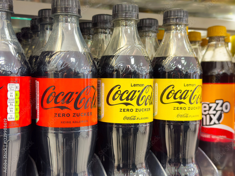 Variety Of Coca cola Zero Sugar Flavors On Supermarket Shelf Stock 
