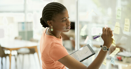 Fototapete - Business, office and black woman with a tablet, writing and typing with connection, planning or internet. African person, worker or consultant with tech, thinking or problem solving with data anlysis