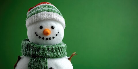 Wall Mural - A snowman with a green scarf and a red and white hat is smiling. The snowman is standing on a green background