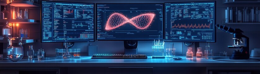 Computer screen displaying dna structure and genetic information analysis for scientific research