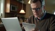 © vefimov - Upset man in sweater reading a paper bill and looking concerned.
