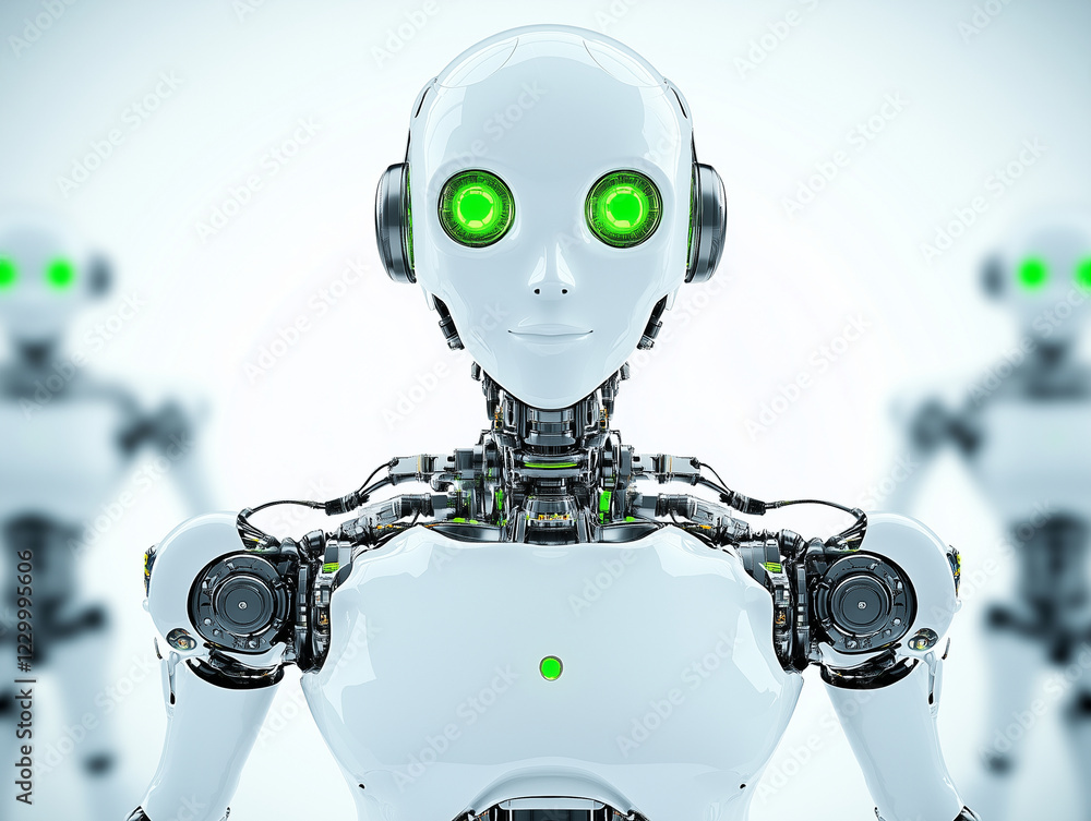 Futuristic humanoid robot with glowing green eyes and sleek design ...