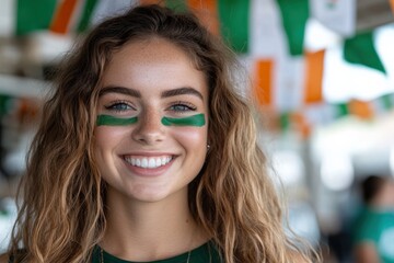 A smiling girl with green face paint celebrates joyfully against a backdrop of festive decorations, embodying the spirit of celebration and community.