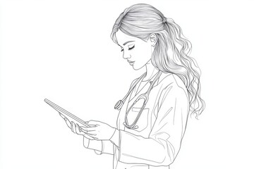 Wall Mural - A seamless line. The doctor looks at the tablet. Doctor working with a computer. Online medical services. A single continuous line on a white background