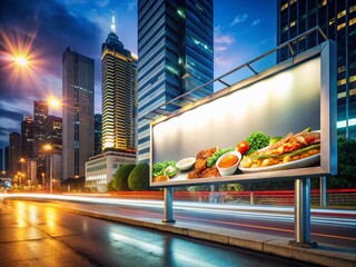 Wall Mural - Blank Light Banner Billboard Mockup at Night in City - Food Photography Advertising