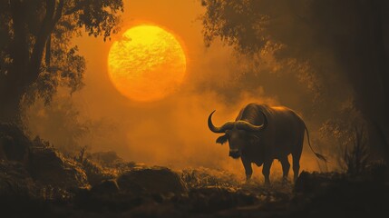 Wall Mural - Majestic Cape Buffalo Silhouette Against a Golden Sunset in the African Savannah