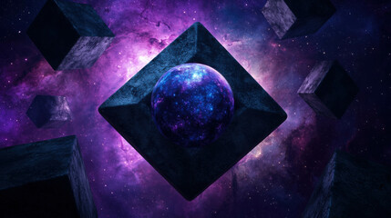 Wall Mural - Massive Cosmic Geometric Scene with Floating Shapes in Stunning Universe Background