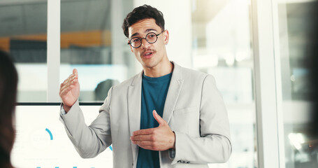 Leinwandbilder - Presentation, research and business man in office for conference, tradeshow and seminar. Public speaking, corporate and person at company event for financial review, graphs and feedback workshop