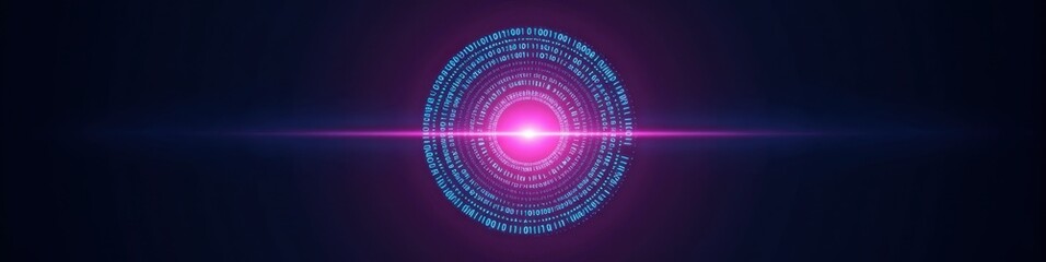 Wall Mural - abstract ai shape composed of binary digits radiating a glowing neon center against a deep indigo ba