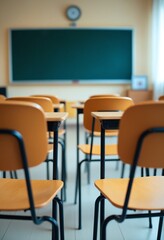 Wall Mural - Empty classroom with vintage tone wooden chairs. Back to school concept