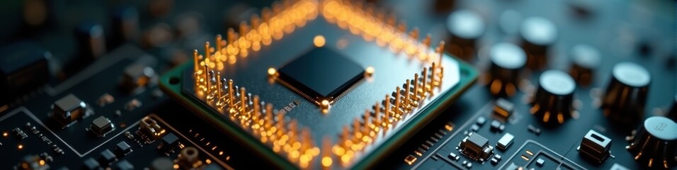 Wall Mural - close-up of a cpu with golden pins and sharp metallic details, dark blurred background, technology a