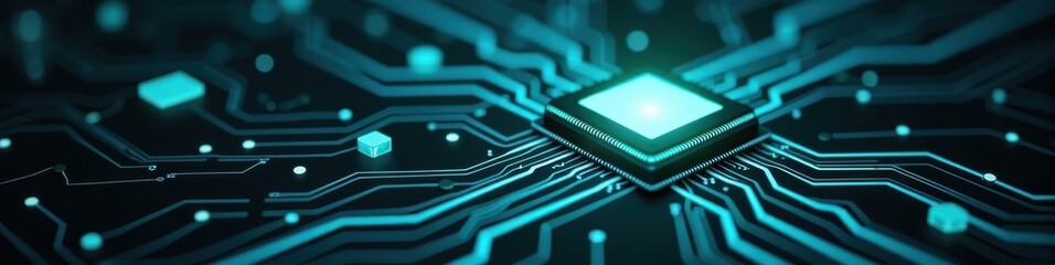 Wall Mural - floating microchip connected to glowing circuit lines in navy and teal color scheme, futuristic desi
