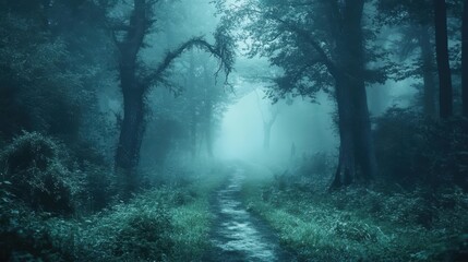 enchanting foggy forest path nature photography wallpaper